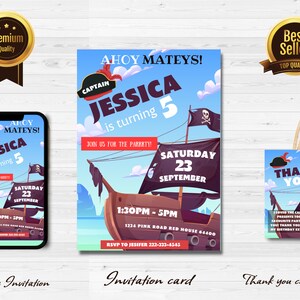 Pirate Invitation, Pirate Birthday Invitation, Pirate Editable Invitation Template, Pirate thank you tags, Editable Template j1