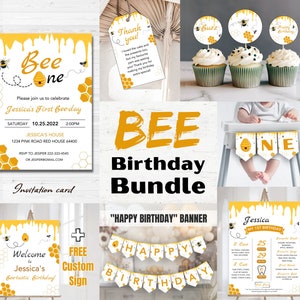 Editable Bee birthday Invitation Bundle,  Honey Bee Birthday Decorations,  Bee 1st Birthday Party, Bee One Birthday, Honey bee Printables j1