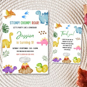 Dinosaur Birthday Party Invitation Template, Dinosaur Birthday Invitation, Dinosaur thank you tag, Editable Invitation j1