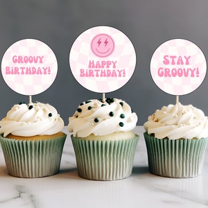 Printable Smiley Birthday Cupcake Toppers,  Pink Smiley Party Birthday Decorations Cake toppers Instant Download Printable  Emoji j1