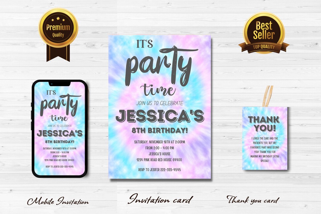 Editable Tie Dye Birthday Invitation, Printable Rainbow Tie Dye ...