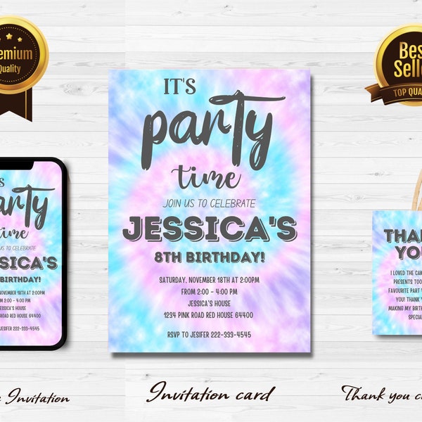 Editable Tie Dye Birthday Invitation, printable Rainbow Tie Dye Birthday party invite, Digital Invitation Instant Download invite j1