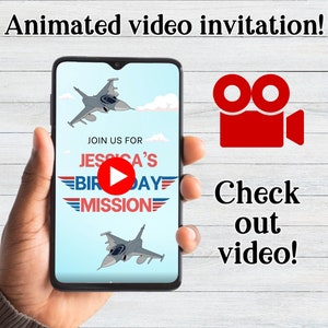 Convite em vídeo editável para aniversário de piloto de caça, convite digital para piloto de jato de combate, convite para download de jato militar, digital j1