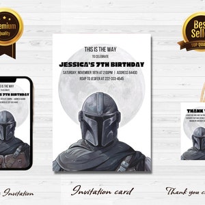 L'invitation d'anniversaire mandalorienne, l'invitation de soirée à thème mandalorienne, invitation de téléphone portable Star wars Corjl Digital, modifier dans Canva j1