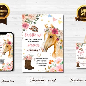 Bearbeitbare Pferdegeburtstagseinladung Mädchen satteln Aquarell Cowgirl Party Pferd einladen Rosa Blumen Download druckbare Vorlage j1