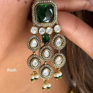 bridal kundan necklace set with earrings in green and polki kundan
