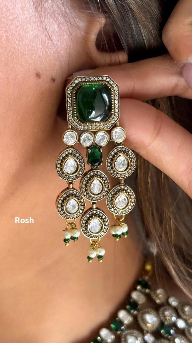 bridal kundan necklace set with earrings in green and polki kundan