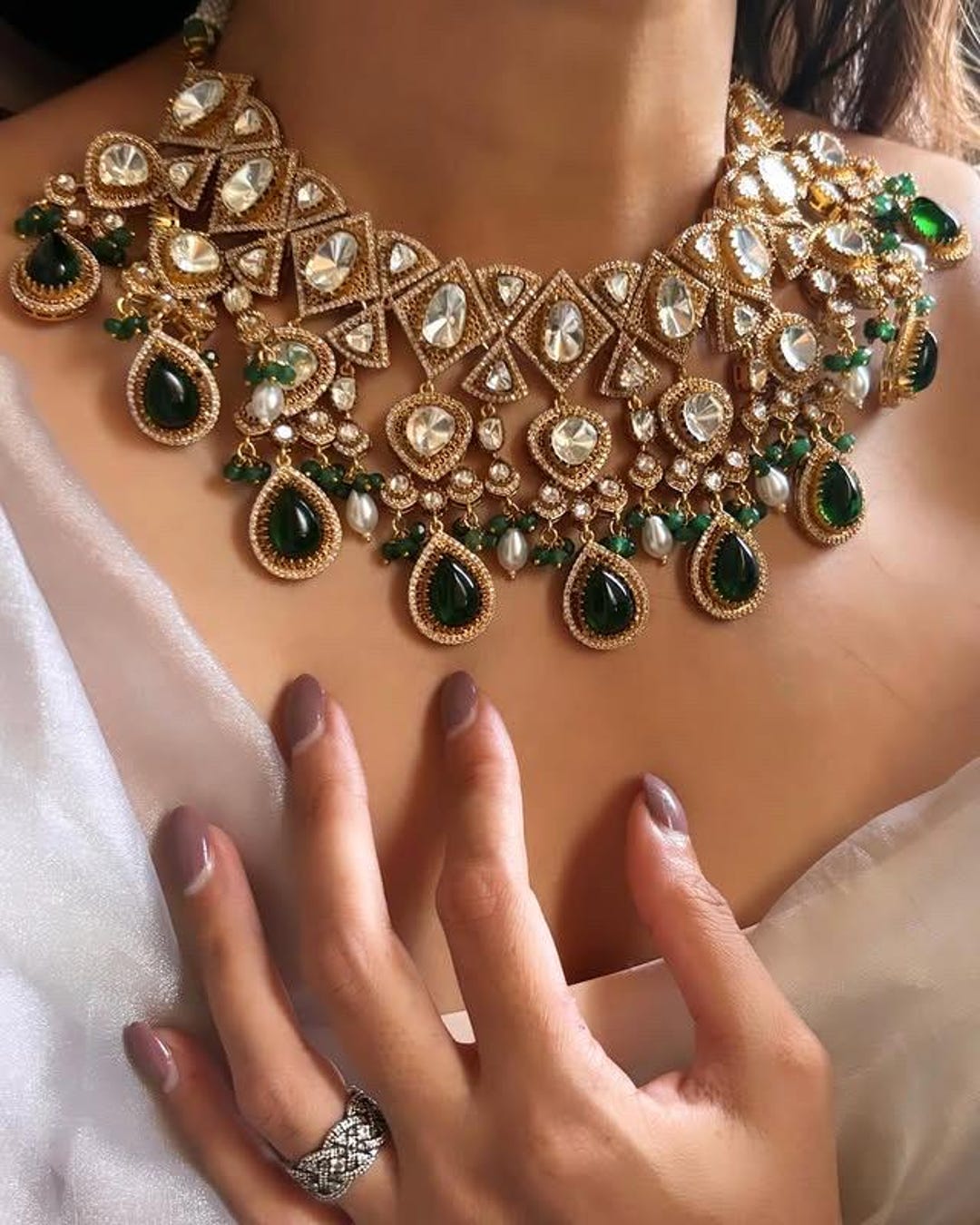 Green Polki Pendant Necklace Set main image 1