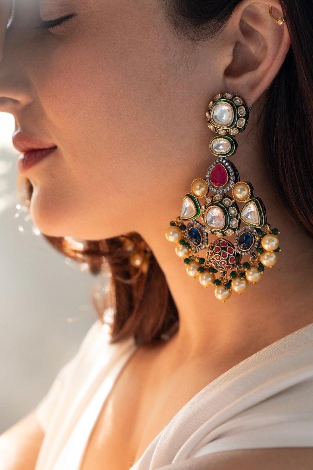 Sabyasachi Victorian earrings in polki ruby emeralds multicoloured long earrings with pearls Chandbali big Jhumka style antique vintage jewe