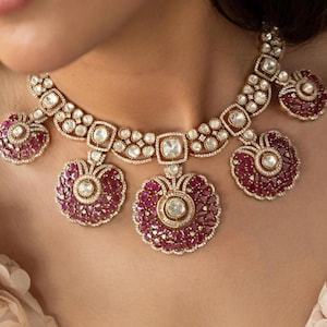 Premium real moissanite necklace set for weddings pink bridal polki necklace Bollywood celebrity style jewellery fusion cocktail collar set