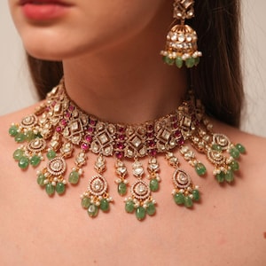 Heavy polki choker pink choker set green choker set bridal choker pink bridal jewellery green long short bridal jewelry Polki  Kundan choker