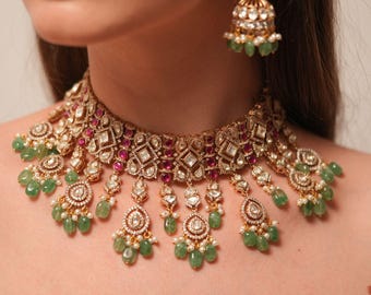 Heavy polki choker pink choker set green choker set bridal choker pink bridal jewellery green long short bridal jewelry Polki  Kundan choker