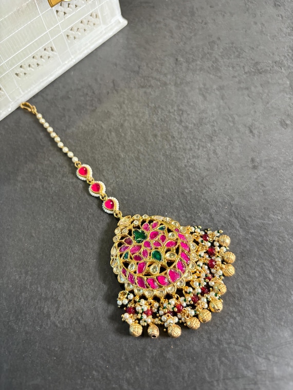 Sabyasachi Inspired Maang Tikka for Brides in Red and Green  display picture 1