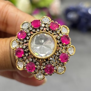 Pink ring uncut polki ring adjustable bridal rings Sabyasachi designer rings gold ring