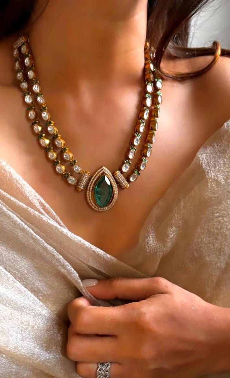 Sabyasachi inspired uncut polki necklace in emerald green double layer long set necklace set in uncut polki celebrity style green choker set