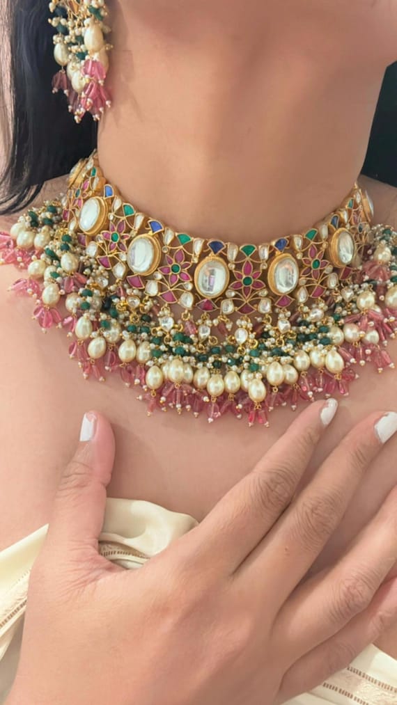 Sabyasachi like kundan bridal choker set pachi kundan choker polki bridal set multi color choker set jadau bridal necklace Indian jewellery