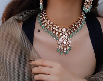 Sabyasachi inspired mint choker necklace set Amrapali inspired jewellery mint green necklace set moissanite uncut polki bridal necklace set