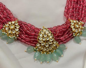 pink choker beaded choker set green choker pastel beaded choker set fusion jewellery multi strand choker set vintage precious bead jewellery