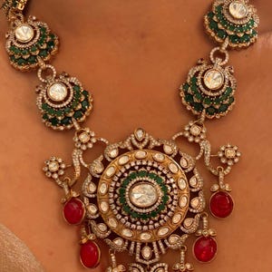 Sabyasachi inspired jewellery green necklace set uncut polki bridal necklace set in green polki kundan choker bridal necklace set green polk