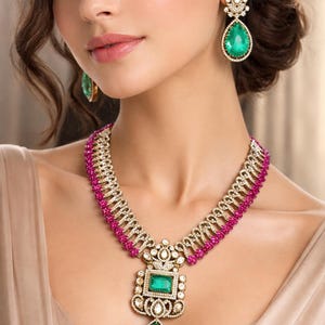 Sabyasachi mint green ruby necklace long moissanite necklace designer jewellery moissanite necklace uncut polki pink green jewelry diamond