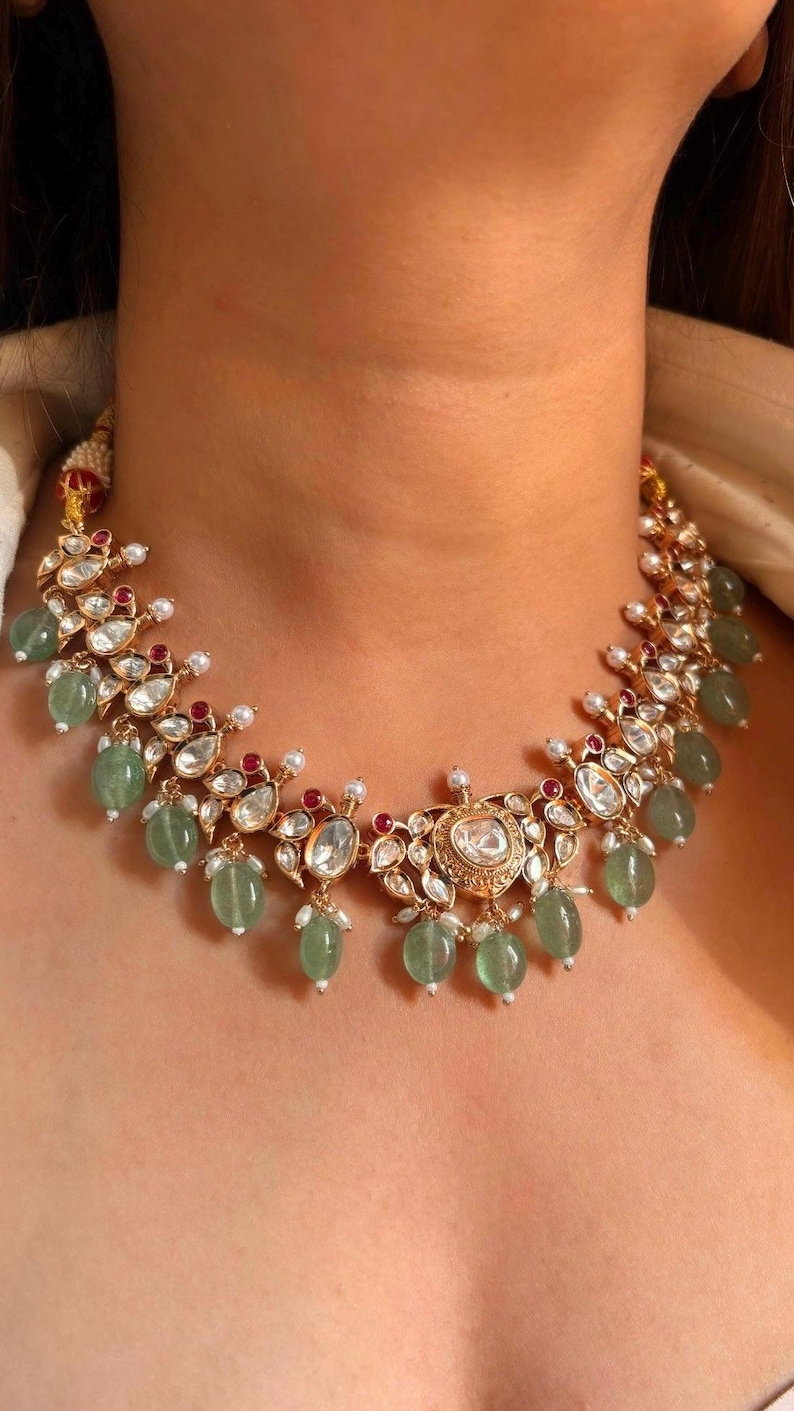 Ruby mint delicate choker set in moissanite polki and pearls