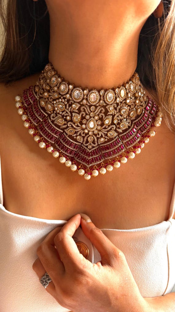 Uncut Polki Pink Bridal Choker Set Premium Real Moissanites Bridal Jewellery Heritage Jewelry Heavy Bridal Choker Pink