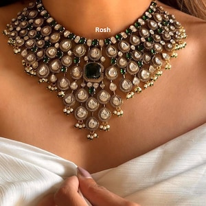 Indian destination wedding necklace set with earrings in polki kundan and green fluorites with Moissanite diamond