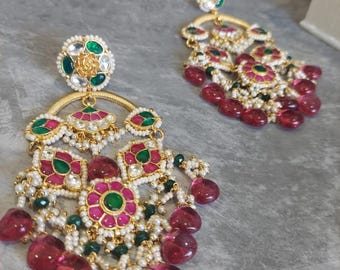 Chandbali earrings long earrings jadau kundan bridal earrings celebrity style pink earrings Indian brides Pakistani jewellery bridal jewelry