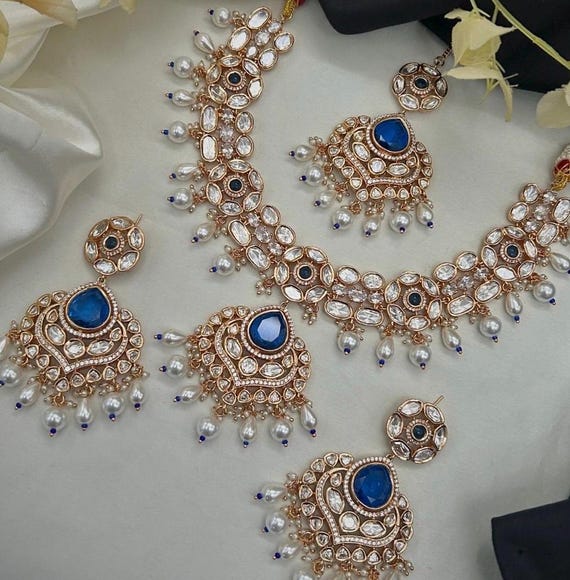 Premium Polki Bridal Necklace Set Real Moissanite Necklace Mint Green Necklace Blue Necklace Emerald Green Necklace Ruby Necklace Kundan Set