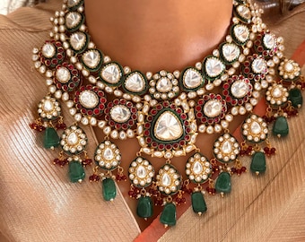 Sabyasachi inspirierte Polki Halskette Set in Moissanit Smaragd schwerem Kundan Rubin Brauthalskette Royal Polki Schmuckset Premium Geschenk