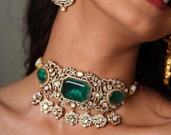 Sabyasachi inspired green choker polki wedding jewellery heavy bikaneri bridal necklace set kundan choker Meenakari Rajasthani Jaipur jewelr