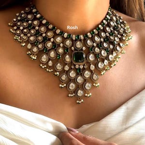 green bridal necklace set Indian wedding jewellery set in polki kundan emerald green stone with earrings