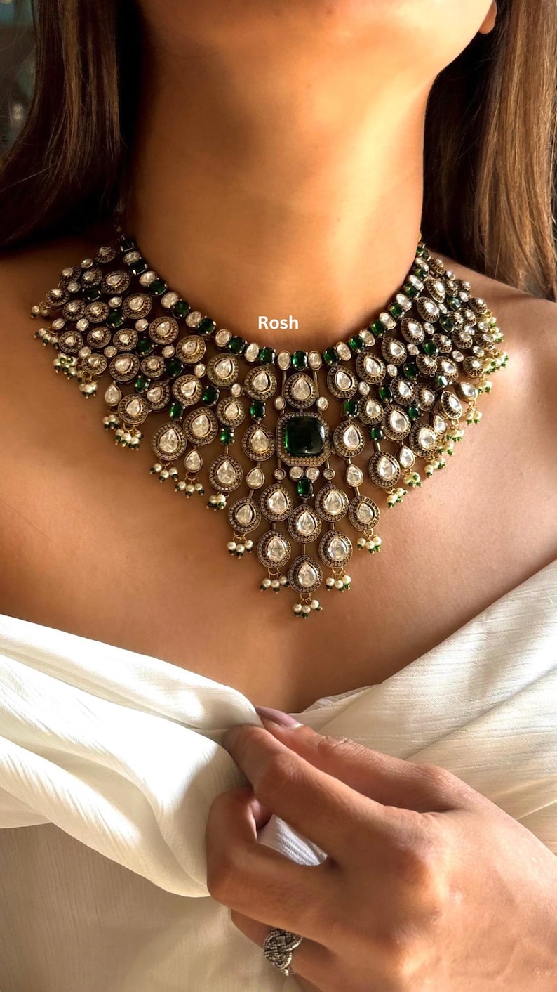 green bridal necklace set Indian wedding jewellery set in polki kundan emerald green stone with earrings