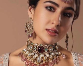 Sabyasachi inspired pink choker set polki celebrity wedding jewellery heavy bridal uncut polki diamond necklace set kundan choker gold jewel