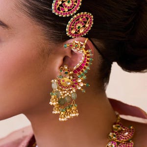 Statement Kundan Jhumka Earrings: Pink Green Gold Plated Kaan Phool