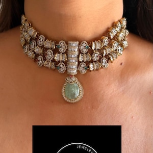 Statement Green Choker Polki Choker Bridal Jewellery Celebrity Inspired Jewelry Green Jewellery Pink Choker Gold like necklace set Indian