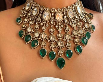 Sabyasachi inspired jewellery green necklace set uncut polki bridal necklace set in green polki kundan choker bridal necklace set green polk