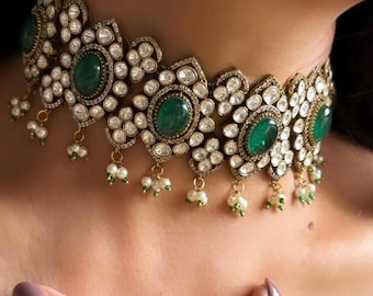 bridal necklace set green Indian jewellery set polki kundan necklace emerald green bridal choker jewelry earring Sabyasachi inspired choker