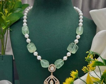 Moissanite neckakce green pearls long necklace uncut polki jewellery
