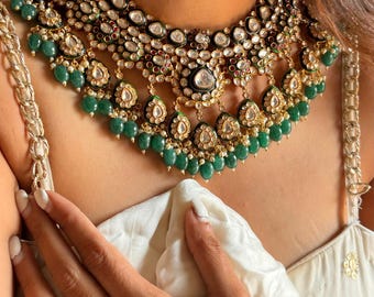 Sabyasachi inspired jewellery green necklace set uncut polki bridal necklace set in green polki kundan choker bridal necklace set green polk