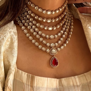 Sabyasachi geïnspireerd 6 gelaagde Ruby polki ketting bruidshaar rode lange ketting bruids Rani haar Ruby sieraden moissanite ongesneden polki