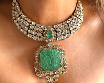 Sabyasachi-inspirerat mintgrönt polki moissanithalsband kändissmycken brud- oslipat polkihalsband diamantinfattat cocktailparty-dubbelsten