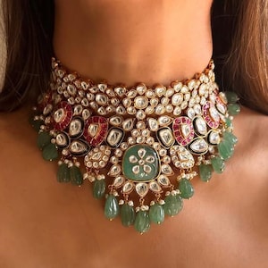 Sabyasachi inspired green choker polki wedding jewellery heavy bikaneri bridal necklace set kundan choker Meenakari Rajasthani Jaipur jewelr