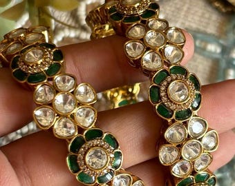 Polki bangles Emerald Green Bangles bridal Chura Polki kadas bangles floral bridal chooda Polki Kundan kangan bangles in Polki green Kundan
