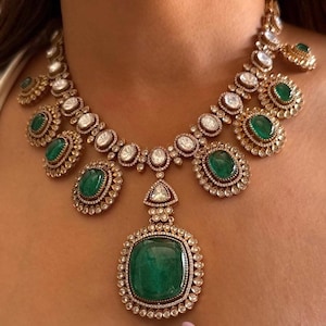Nita Ambani Inspired Emerlad Green Long Necklace set designer Rani haar ruby emerald bridal Regal Statement Jewelry Vintage Antique Jewelry