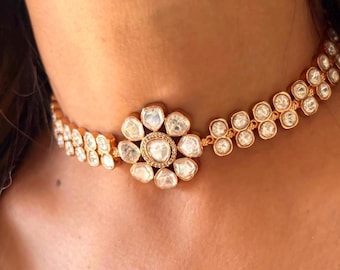 Premium Moissanite choker floral polki set Indian jewellery set Sabyasachi inspired necklace delicate choker set gold Kundan choker necklace