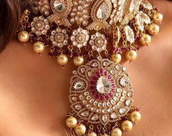 Sabyasachi inspired jewellery green necklace set uncut polki bridal necklace set in green polki kundan choker bridal necklace set green pink