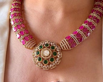 Premium real moissanite necklace set Sabyasachi inspired Rani pink and green moissanite necklace floral collar necklace set hasli style set