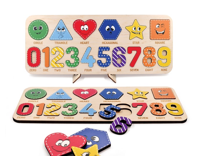 Educational Wooden Toy Puzzle with Shapes and Numbers for a Toddler, Personalized Gift for 1 Year Old Baby, Kids learning Christmas present