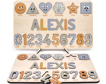 Wooden baby name puzzles with shapes and numbers, Personalized Puzzle with Wooden Letters, Eco Friendly Gift Montessori Present for children